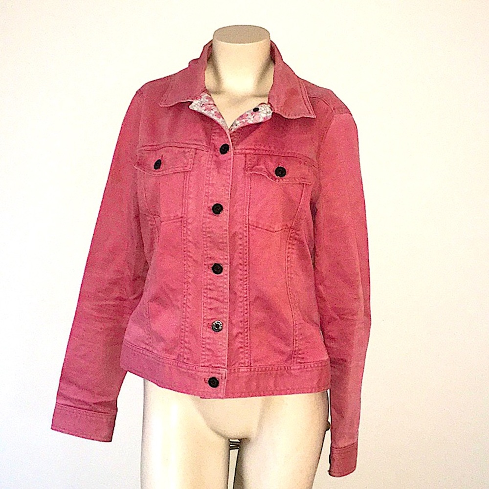 L.L. Bean Pink 100% Cotton Denim Jacket with Flowered Trim